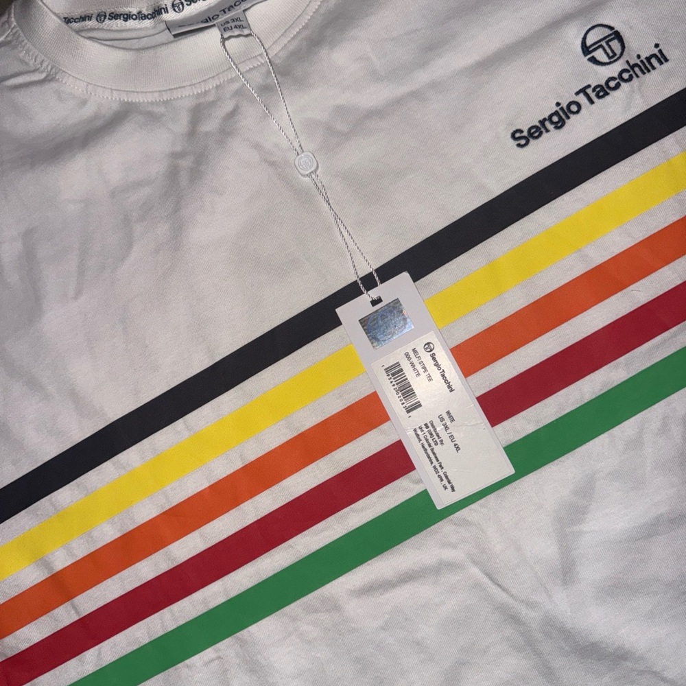 Sergio Tacchini Men's White Tee with Colorful Stripes